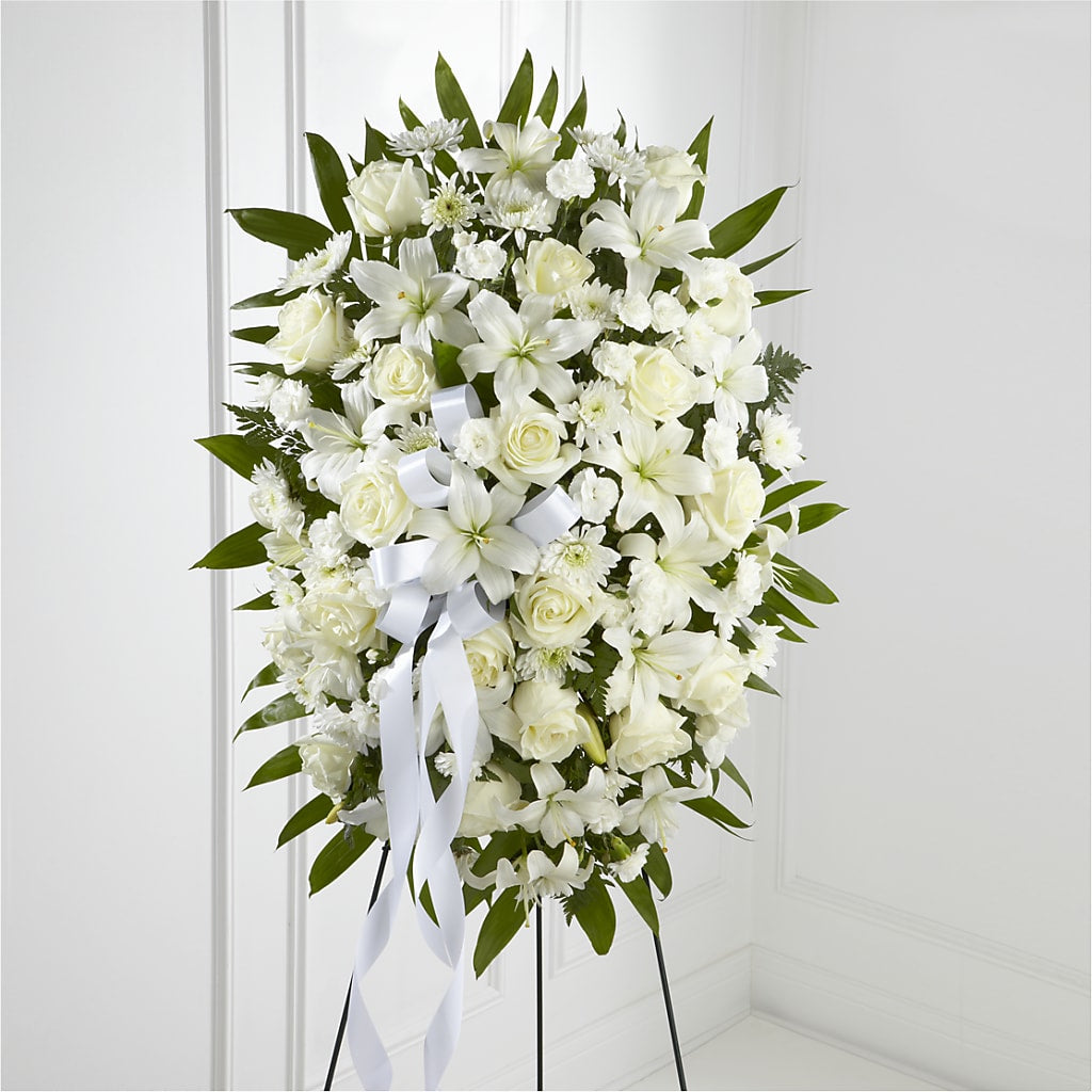 Exquisite Tribute Standing Spray-White Ribbon – Cypress Gardens Flower Shop, Miami FL