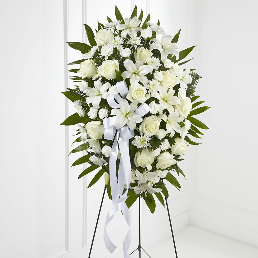 Exquisite Tribute Standing Spray-White Ribbon – Cypress Gardens Flower Shop, Miami FL