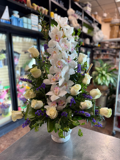 SYMPHONY OF WHITE ROSES & ORCHIDS  DD-209W –  Cypress Gardens Flower Shop, Miami FL